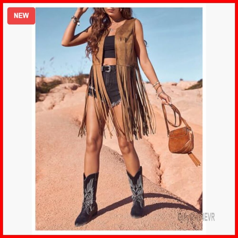Faux Suede Fringe Vest Sleeveless Western Chic Crop Tassel Jacket - Picture 5 of 7